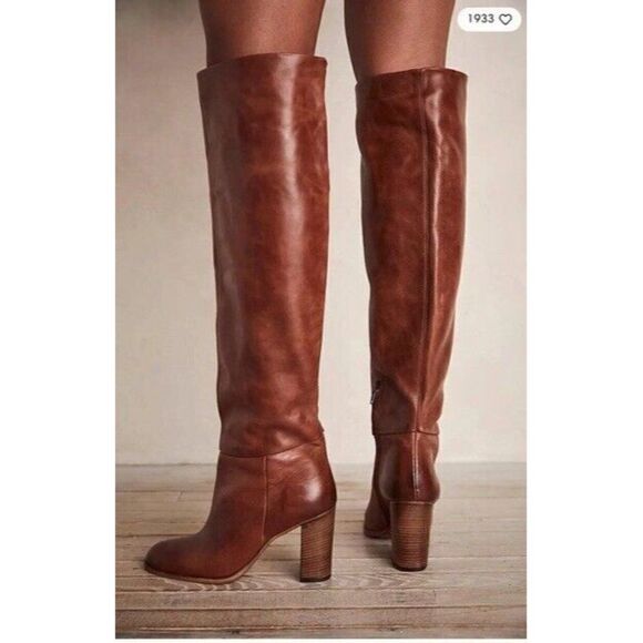 NEW FREE PEOPLE DAKOTA TALL BOOTS IN COGNAC LEATHER - Picture 1 of 5